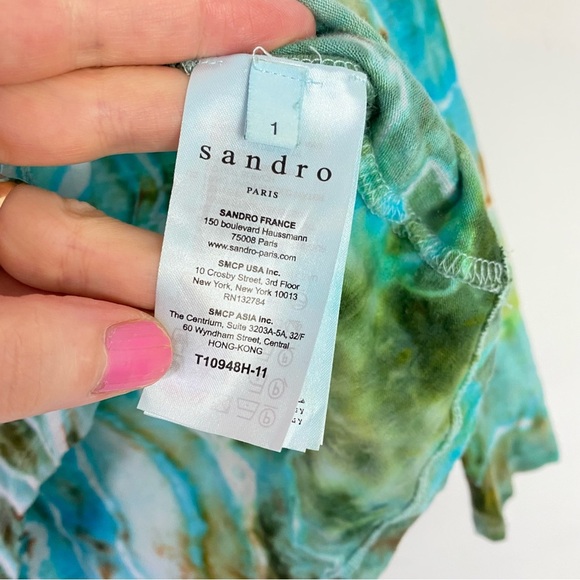 Sandro Tie Dye Shirt Womens Size Small 1 Tee Top Blouse Blue Linen Lace Paris - Picture 12 of 15